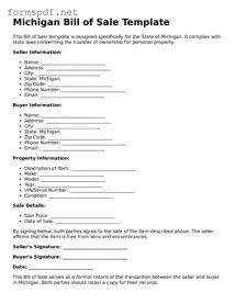 Free  Bill of Sale Form for Michigan