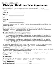 Free  Hold Harmless Agreement Form for Michigan