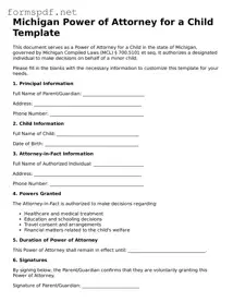 Free  Power of Attorney for a Child Form for Michigan