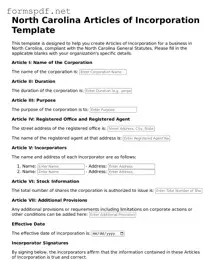 Free  Articles of Incorporation Form for North Carolina