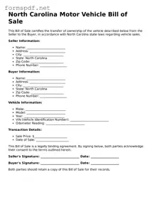 Free  Motor Vehicle Bill of Sale Form for North Carolina