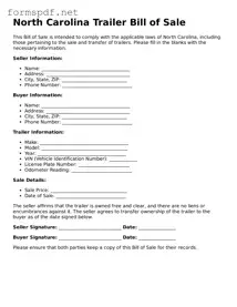 Free  Trailer Bill of Sale Form for North Carolina