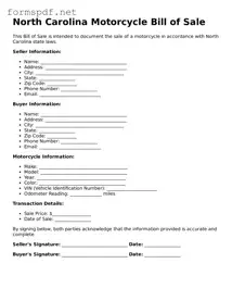 Free Motorcycle Bill of Sale Form for North Carolina