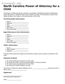 Free  Power of Attorney for a Child Form for North Carolina
