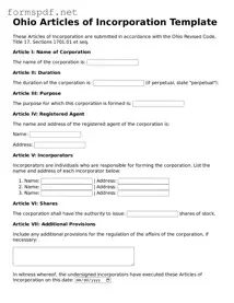 Free  Articles of Incorporation Form for Ohio