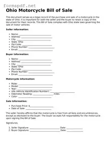 Free  Motorcycle Bill of Sale Form for Ohio