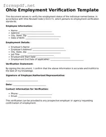 Free  Employment Verification Form for Ohio