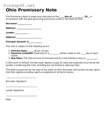Free  Promissory Note Form for Ohio