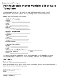 Free  Motor Vehicle Bill of Sale Form for Pennsylvania