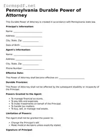 Free Durable Power of Attorney Form for Pennsylvania