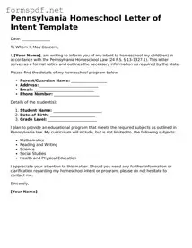 Free  Homeschool Letter of Intent Form for Pennsylvania