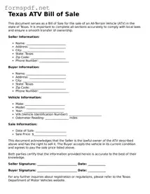 Free  ATV Bill of Sale Form for Texas