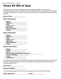 Free  RV Bill of Sale Form for Texas