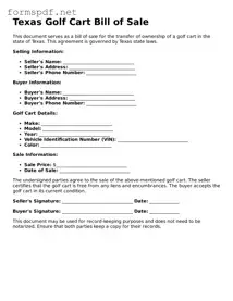 Free  Golf Cart Bill of Sale Form for Texas
