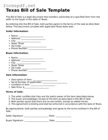Free  Bill of Sale Form for Texas