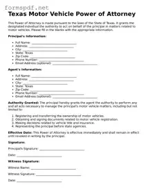 Free  Motor Vehicle Power of Attorney Form for Texas