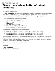 Free  Homeschool Letter of Intent Form for Texas