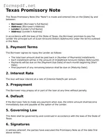 Free  Promissory Note Form for Texas