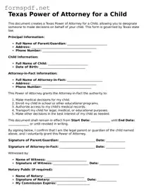Free  Power of Attorney for a Child Form for Texas