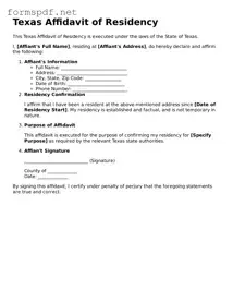 Free  Affidavit of Residency Form for Texas