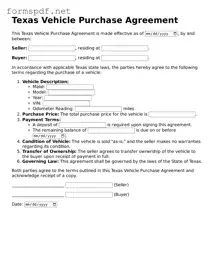 Free  Vehicle Purchase Agreement Form for Texas