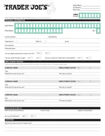 Free Trader Joe's application PDF Form