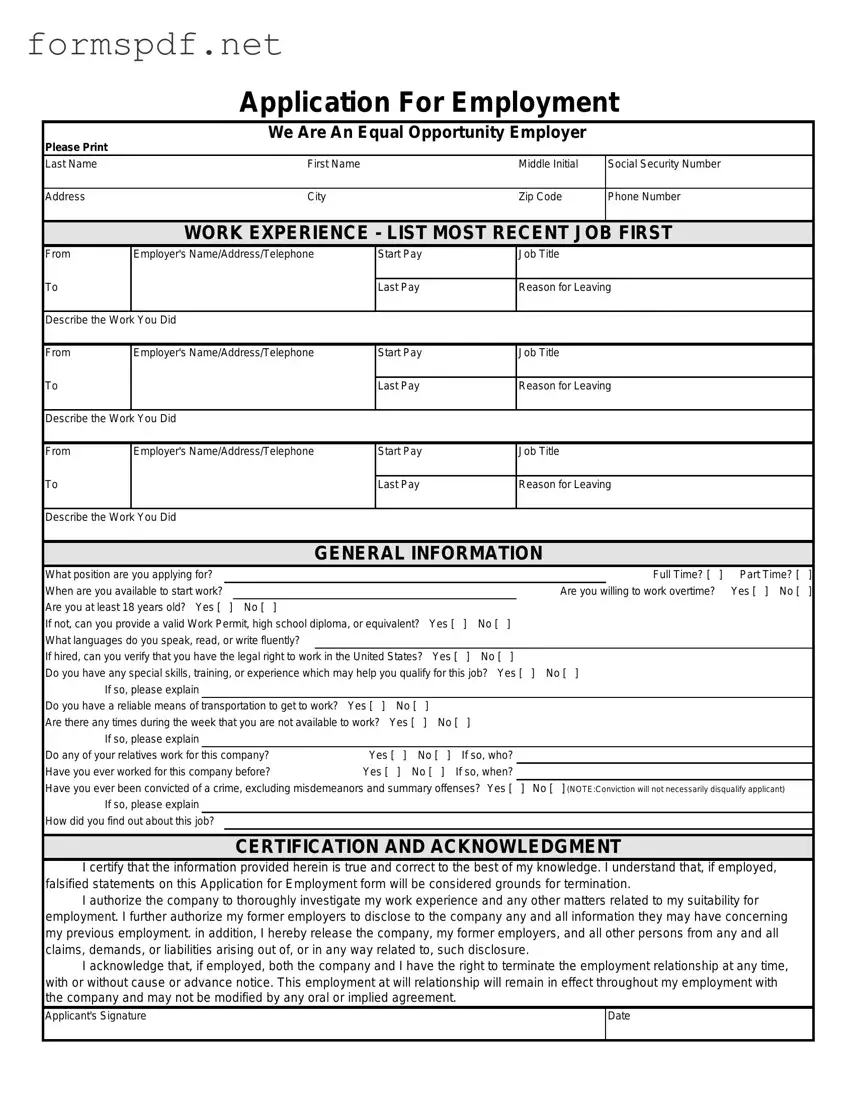 Free Spanish Application Employment PDF Form