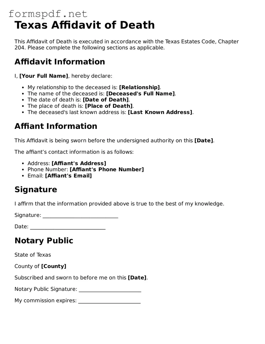 Free Affidavit of Death Form for Texas