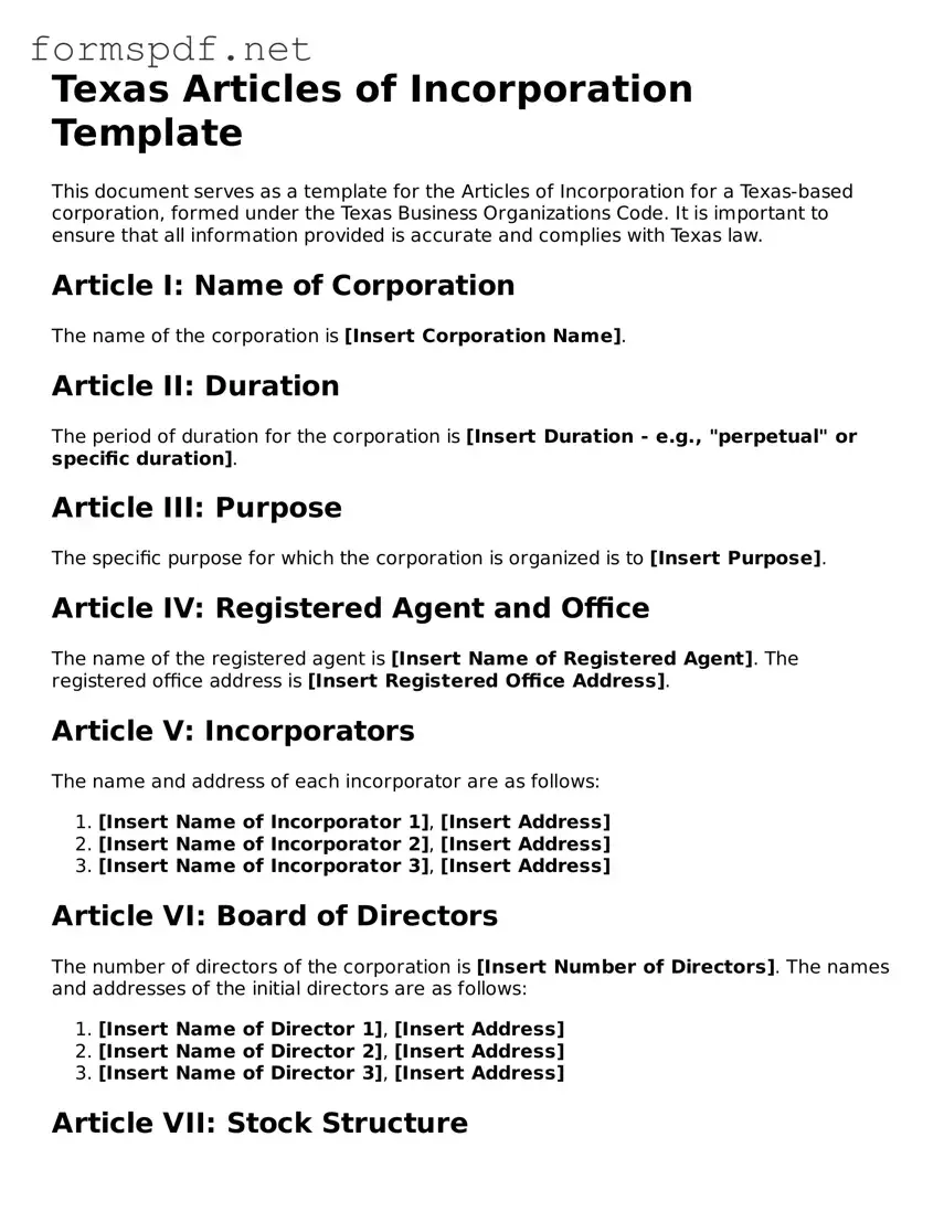 Free  Articles of Incorporation Form for Texas