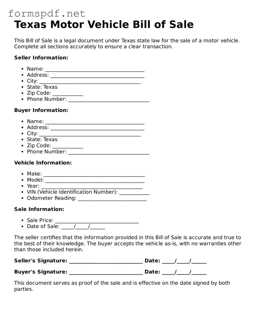 Free  Motor Vehicle Bill of Sale Form for Texas