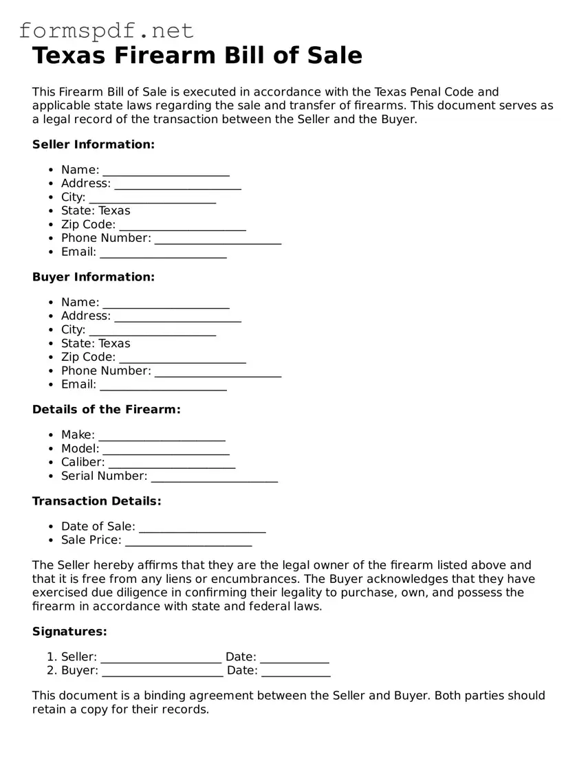 Free  Firearm Bill of Sale Form for Texas