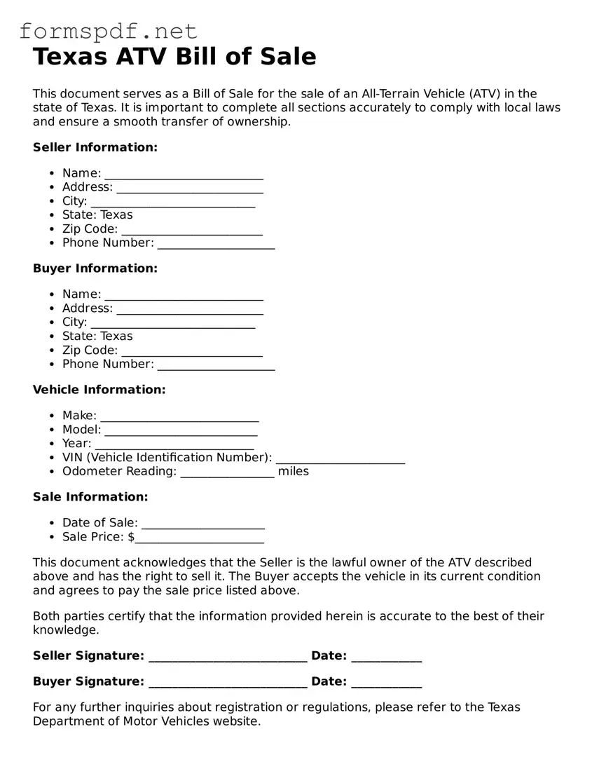 Free  ATV Bill of Sale Form for Texas