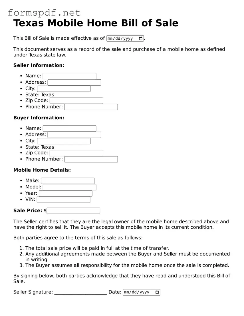 Free Mobile Home Bill of Sale Form for Texas