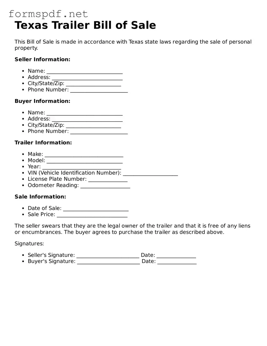 Free  Trailer Bill of Sale Form for Texas