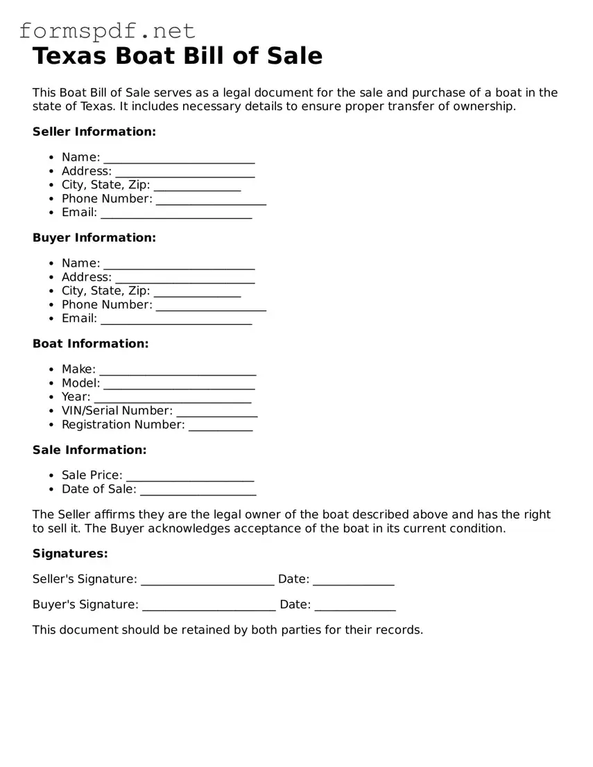 Free  Boat Bill of Sale Form for Texas
