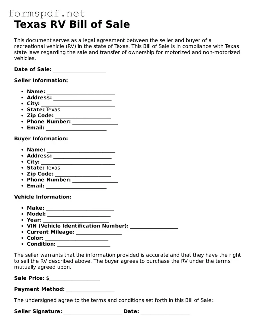 Free  RV Bill of Sale Form for Texas