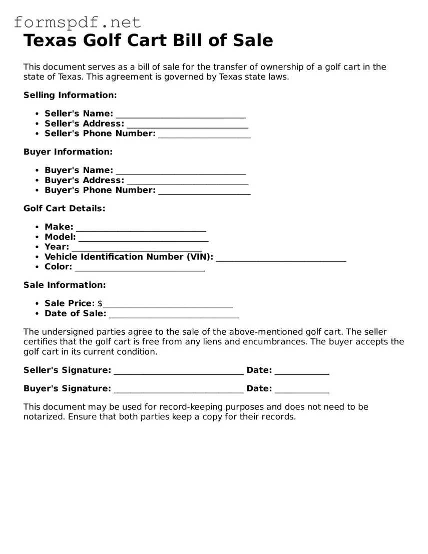 Free  Golf Cart Bill of Sale Form for Texas