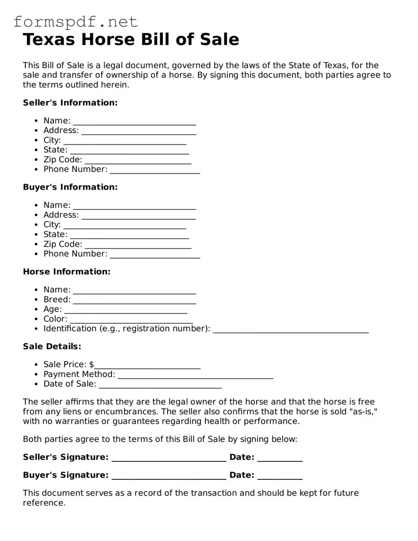 Free  Horse Bill of Sale Form for Texas
