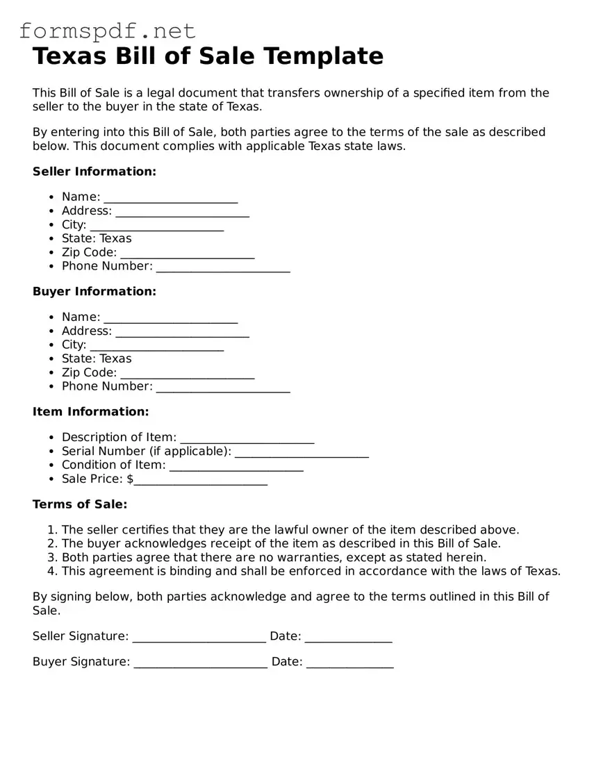 Free  Bill of Sale Form for Texas