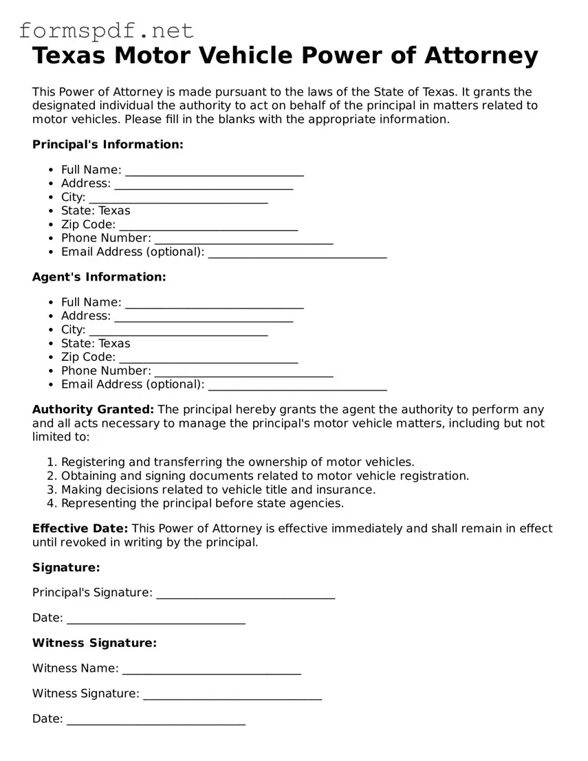 Free  Motor Vehicle Power of Attorney Form for Texas