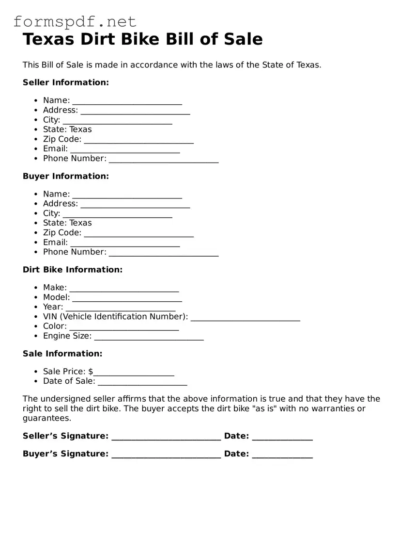 Free  Dirt Bike Bill of Sale Form for Texas