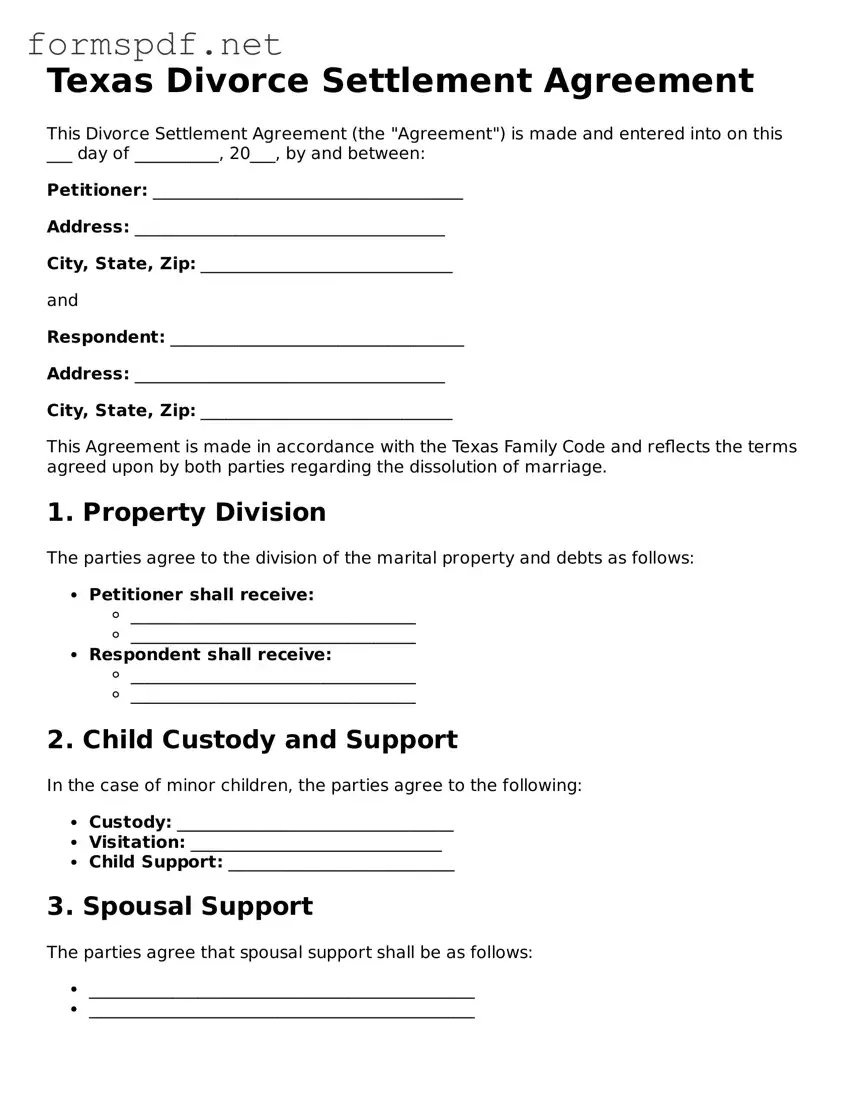 Free  Divorce Settlement Agreement Form for Texas