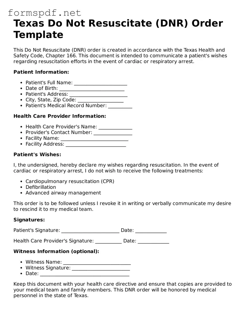 Free  Do Not Resuscitate Order Form for Texas