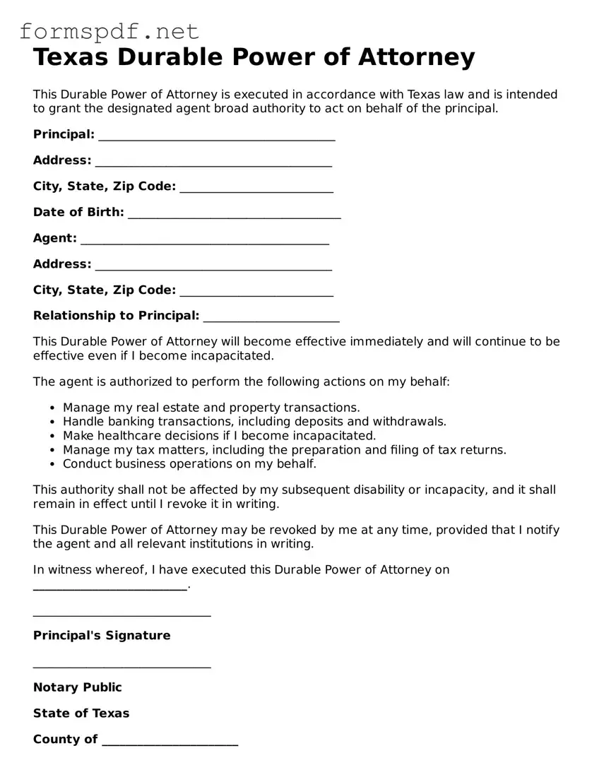 Free  Durable Power of Attorney Form for Texas