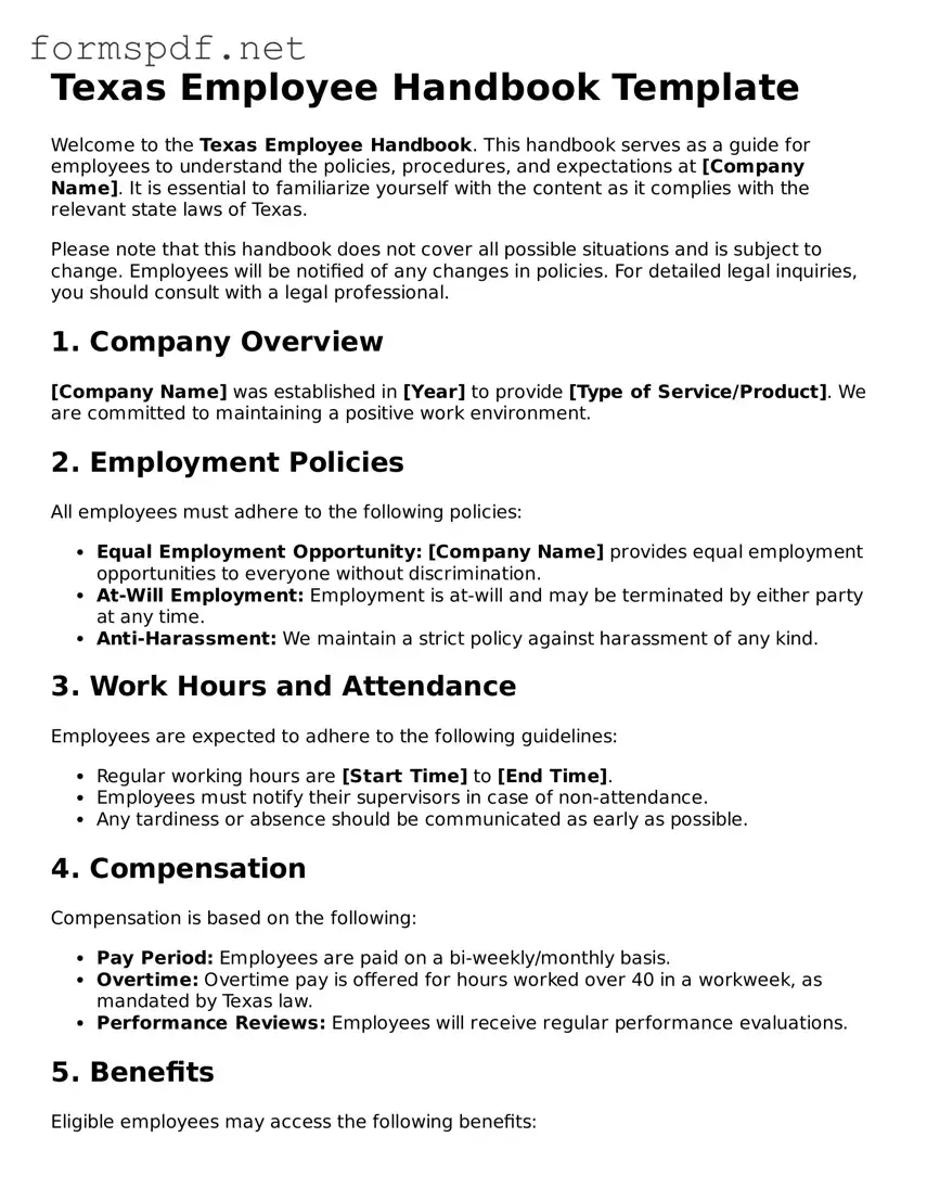 Free  Employee Handbook Form for Texas
