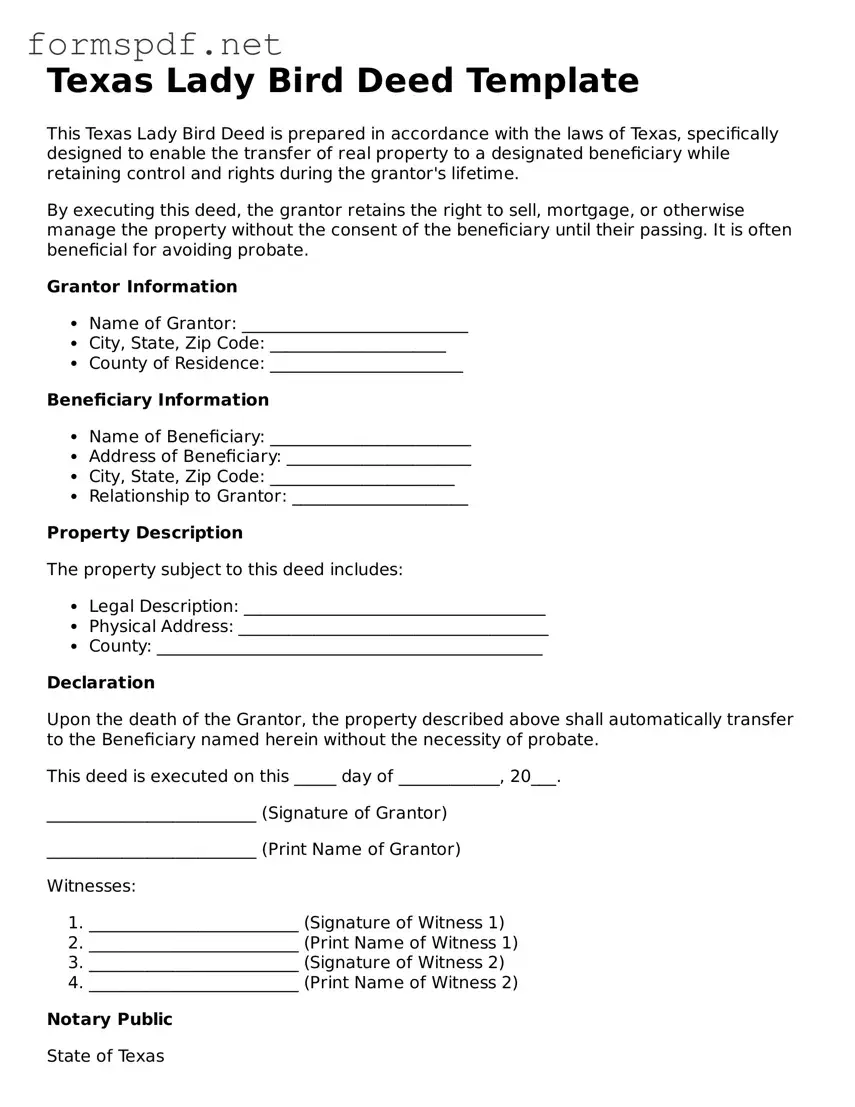 Free  Lady Bird Deed Form for Texas