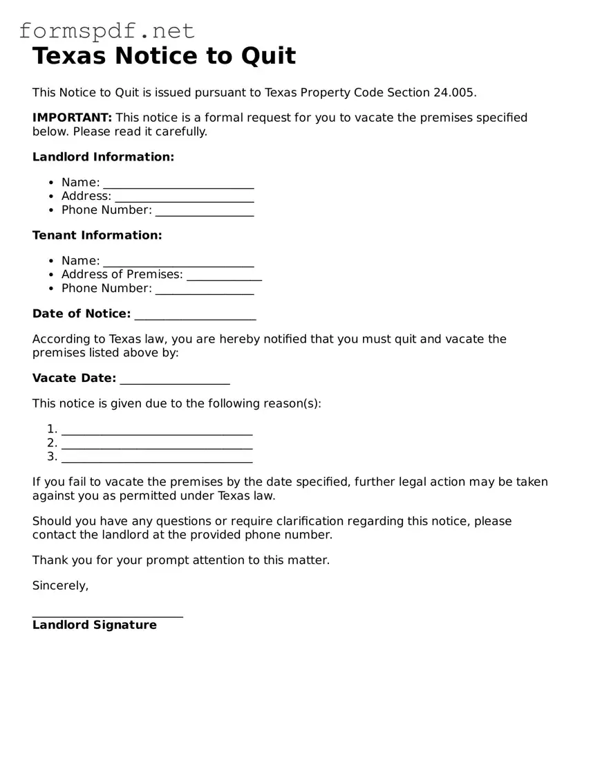 Free  Notice to Quit Form for Texas