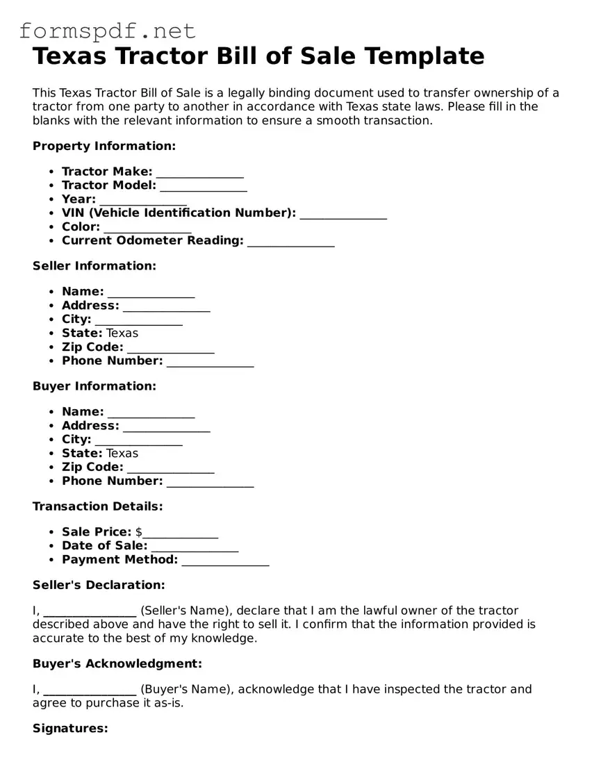 Free  Tractor Bill of Sale Form for Texas