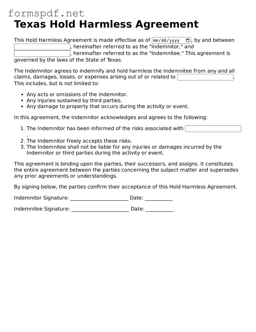 Free  Hold Harmless Agreement Form for Texas