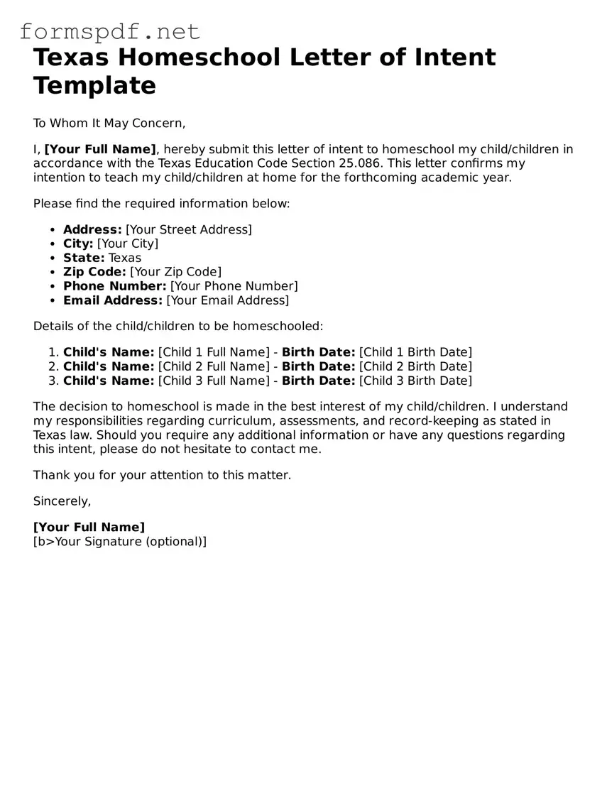 Free Homeschool Letter of Intent Form for Texas
